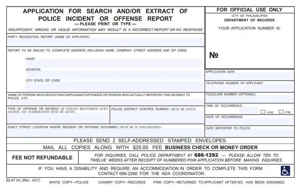 A screenshot of the Application for Search and/or Extract of Police Incidence or Offense Report form that must be completed when requesting a police report and mailed to the Philadelphia City Department of Records.