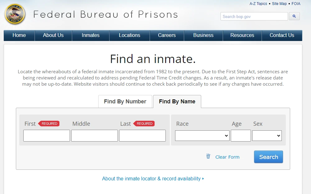 A screenshot of the Federal Bureau of Prisons' Inmate Locator that can be searched by number (BOP register number, FBI number, DCDC #, or INS #) or by name (requiring the first and last name of the inmate).