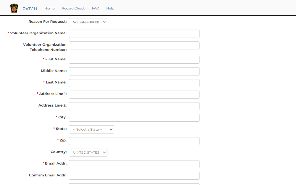 A screenshot of the Pennsylvania Access To Criminal History (PATCH) site where anyone can request a record check, specifically showing the free Volunteer Record Check request form.