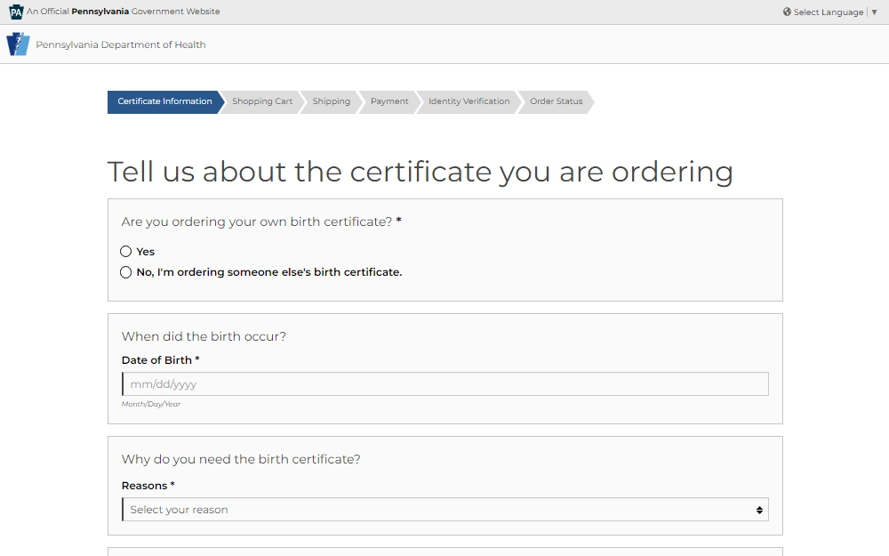 A screenshot of the birth certificate online order portal that requires the following information: the name of the person on the birth certificate, date of birth, reason for requesting the birth certificate, and other information.