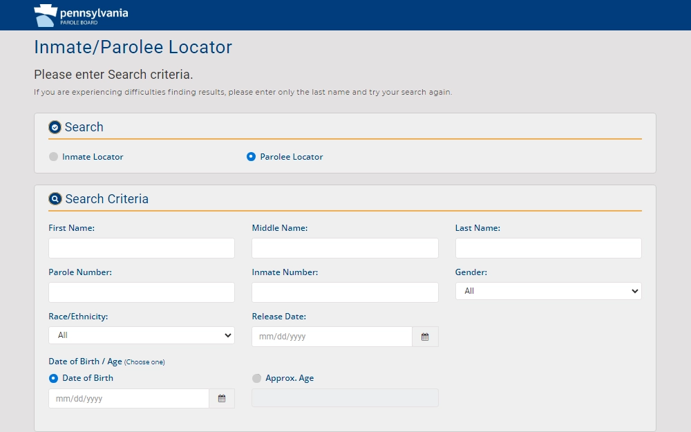 A screenshot of the Pennsylvania Department of Corrections' Inmate/Parolee Locator specifically showing the parolee locator search criteria like the full name, parolee number, inmate number, gender, date of birth, and release date.