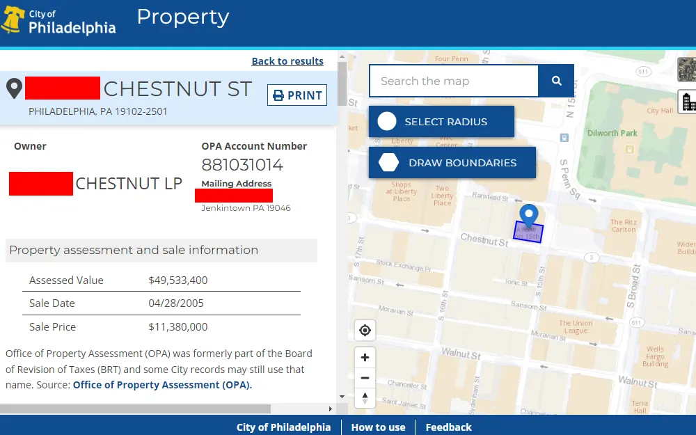 A screenshot of the property app made available by the Office of Property Assessment (OPA) to search for a property in Philadelphia City, showing a property's information and a map on the right side of it.