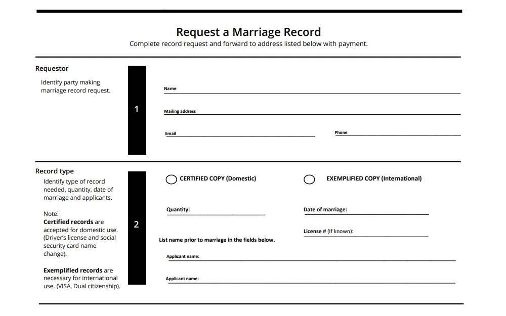 A screenshot of the Request a Marriage Record form that needs to be filled out by providing the requestor's information and the type of marriage record being requested from the Philadelphia Register of Wills.