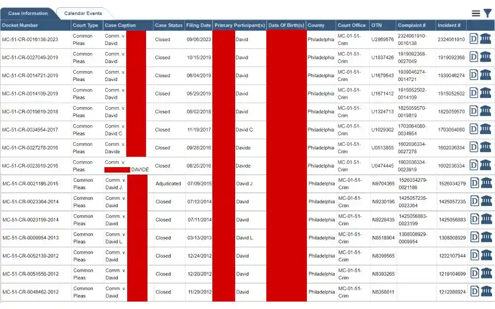 A screenshot displaying the case search result showing information such as docket number, court type, case caption, case status, filing date, primary participants, date of birth, county, court office, OTN, complaint number, and incident number.