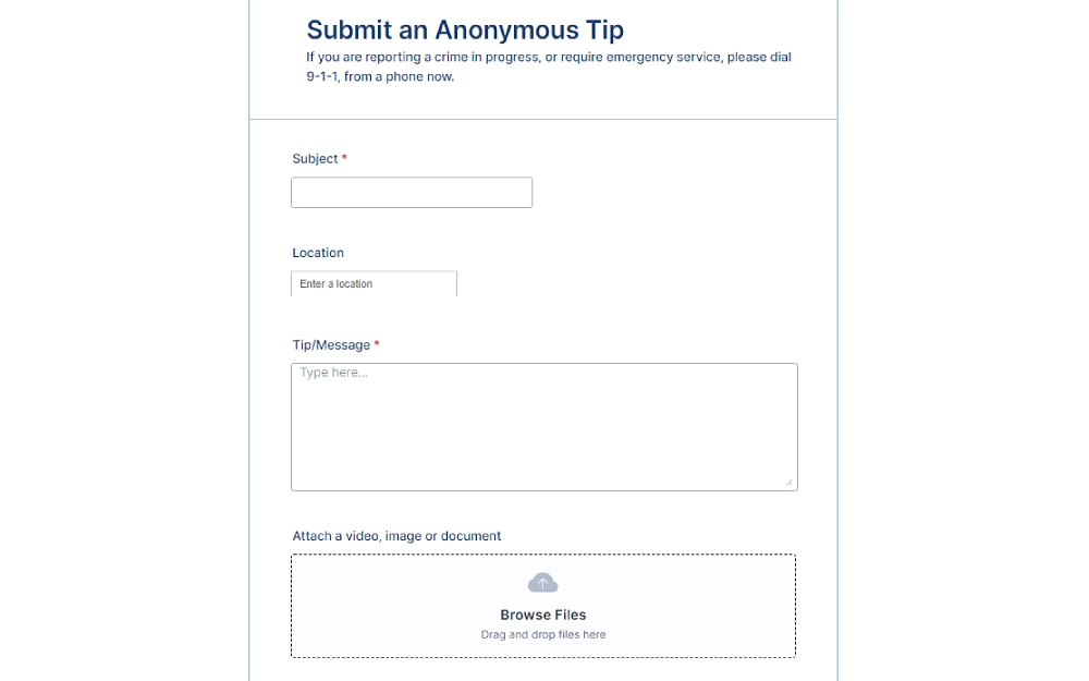 A screenshot displaying a submit an anonymous tip form that requires information such as subject, location, tip or message and an option to attach video, image or document from the Philadelphia Police Department website.