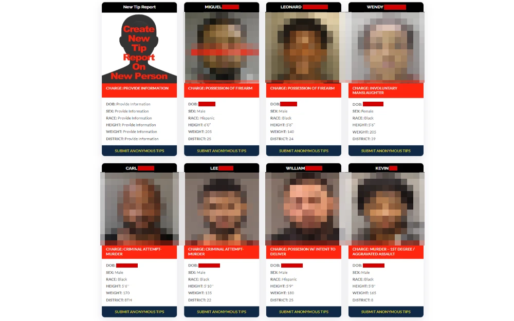 A screenshot showing the top priority list of persons displaying name, date of birth, sex, race, height, weight, district and a photo preview from the Philadelphia Sheriff’s Office website.