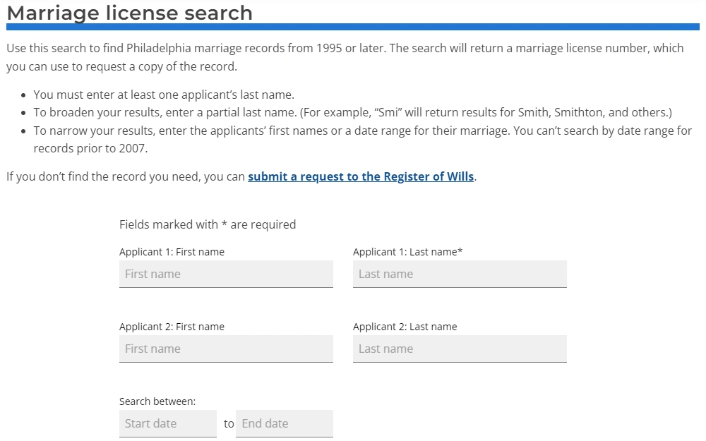 A screenshot of a marriage license search tool provided by the office of Register of Wills; searchable by entering the first and last name of applicants 1 and 2 and the date range of the license.